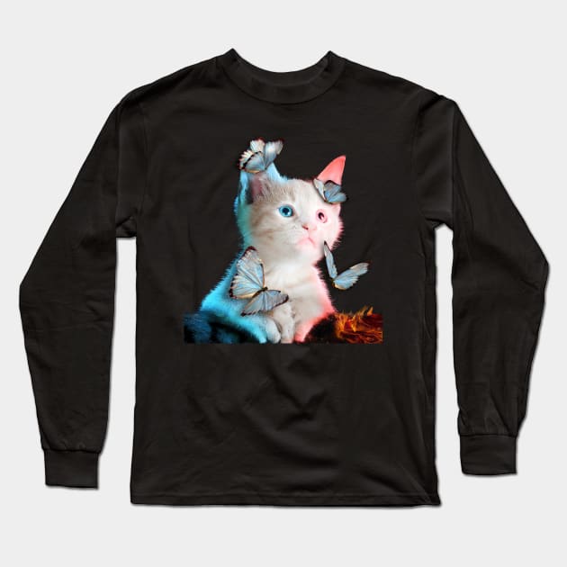 Cute White Cat With Butterfly Cat adoption For Cat Lover Tee Shirt Long Sleeve T-Shirt by drag is art